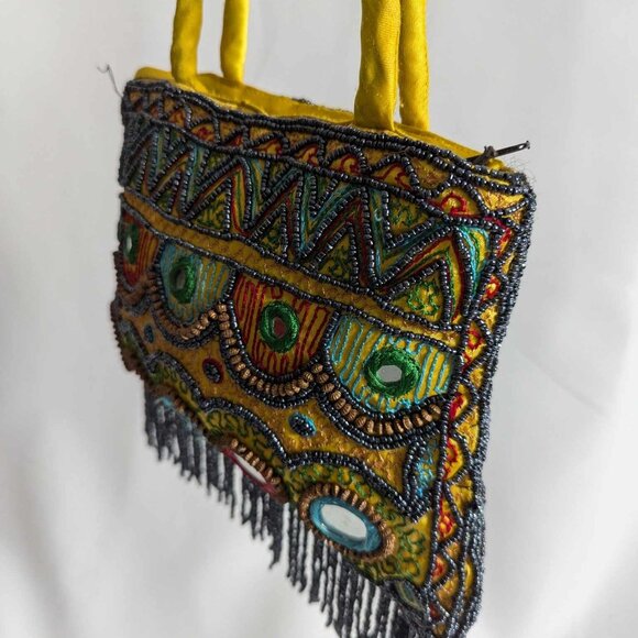 Vibrant Yellow Embellished Boho Purse with Beaded Fringe - Picture 5 of 7